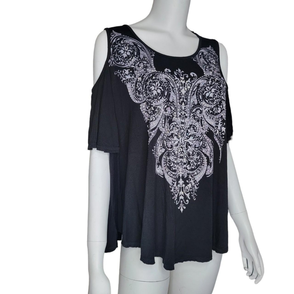 Vocal rhinestone bedazzled cold shoulder blouse black grey flowy size medium